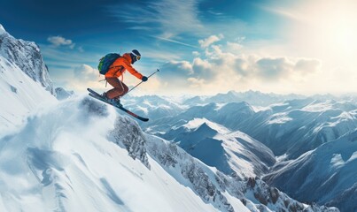 Naklejka na ściany i meble Skilled skier is skiing down from mountain in beautiful winter landscape