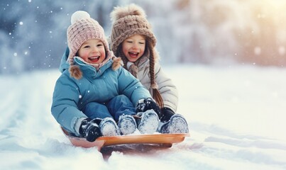 Happy and smiling kids are enjoying sledding on snow in winter on sledge or bob sledge
