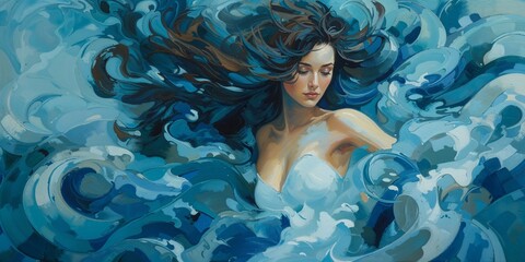 Oceanic Essence Portrait of Woman with Wave Motifs

