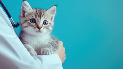 cropped shot of veterinarian holding kitten in hands, clinic on background, focus on cat