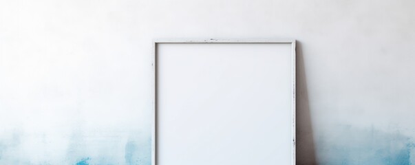 empty white frame on a wall, natural bright light, elements of rust and a hint of blue on the wall in the background. Free space for your text.