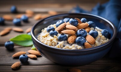 Oatmeal porridge with fresh blueberries and almonds in a bowl on wooden table. Healthy breakfast concept