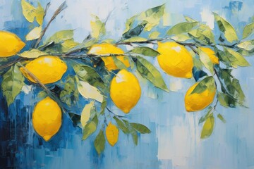 palette knife textured painting lemon Fresh citrus fruit lemon on a branch with fruits green leaves