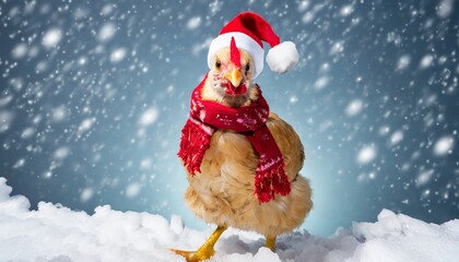 rooster and hens in christmas outfit