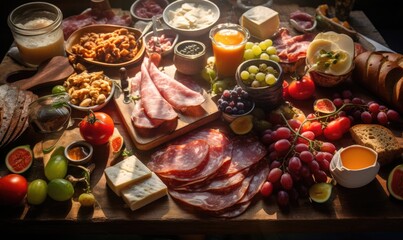 Top view bright photo of Large selection of breakfast food on a table, sun light from side. Healthy...