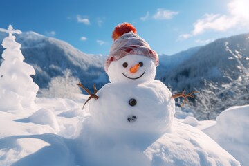 Obraz premium Created with generative ai technology image funny white snowman creation of family parents children playing in snow