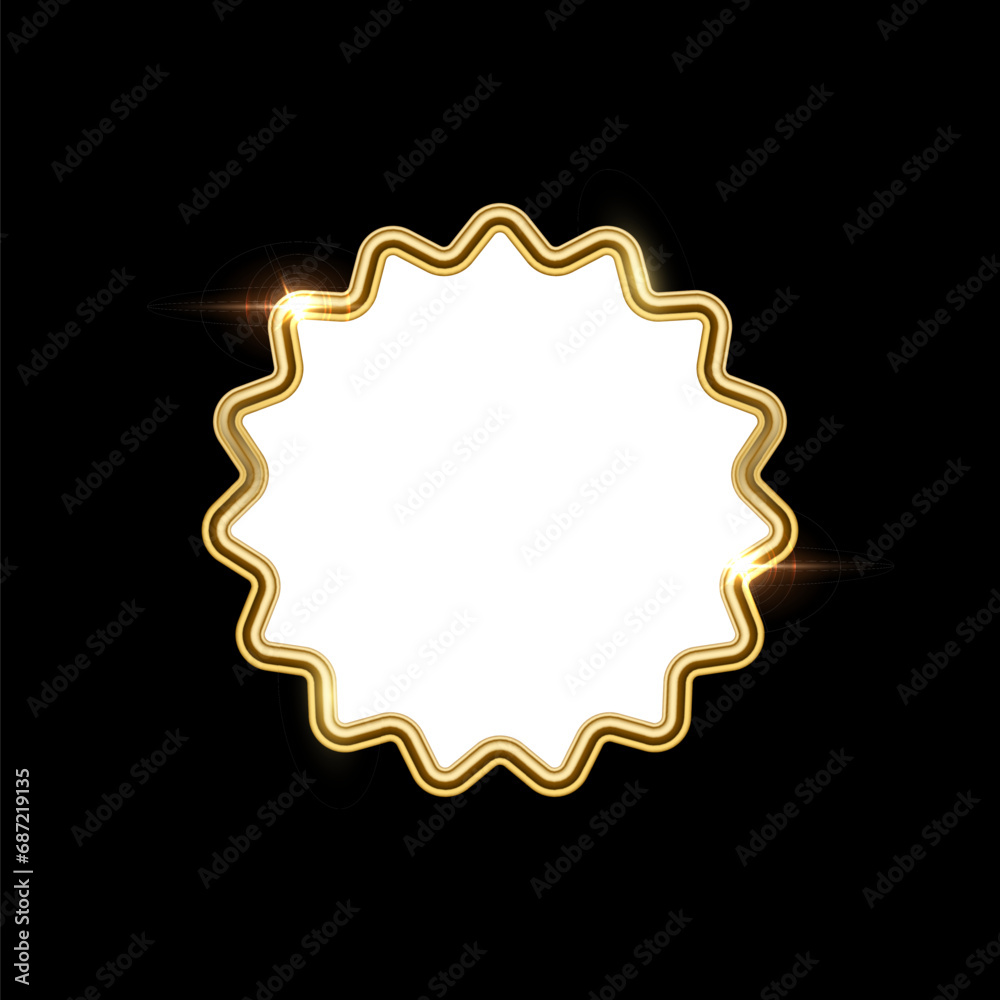 Poster 3d plate button of wavy round shape with golden frame vector illustration. realistic isolated websit