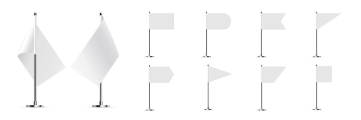 White small flags on poles set, 3D realistic flags of different shapes on metal sticks - obrazy, fototapety, plakaty