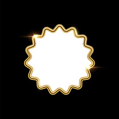 3d plate button of wavy round shape with golden frame vector illustration. Realistic isolated website element, golden glossy label for game UI, badge of navigation menu with shiny light effect border