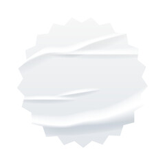 Crumpled white paper round sticker vector illustration. Wrinkled glued label circle shape with wavy edges. Realistic isolated mock up of badge