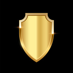Gold shield vector illustration. Realistic isolated golden armory trophy with metal coat, 3d luxury safety protection emblem, vintage blank shiny royal award