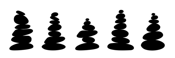 Meditation stone balance pyramid set vector illustration. Stacked pebbles black object collection isolated in white background