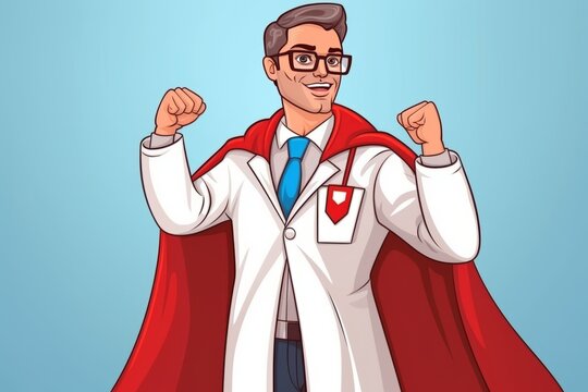 A superhero-themed image featuring a male doctor in a superhero cape, doctors as real-life heroes who save lives. Dedication and life-saving impact of healthcare professionals concept.