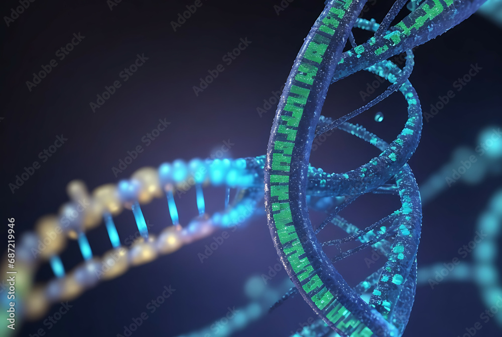 Poster a microscope zoomed in on a dna strand made of binary code