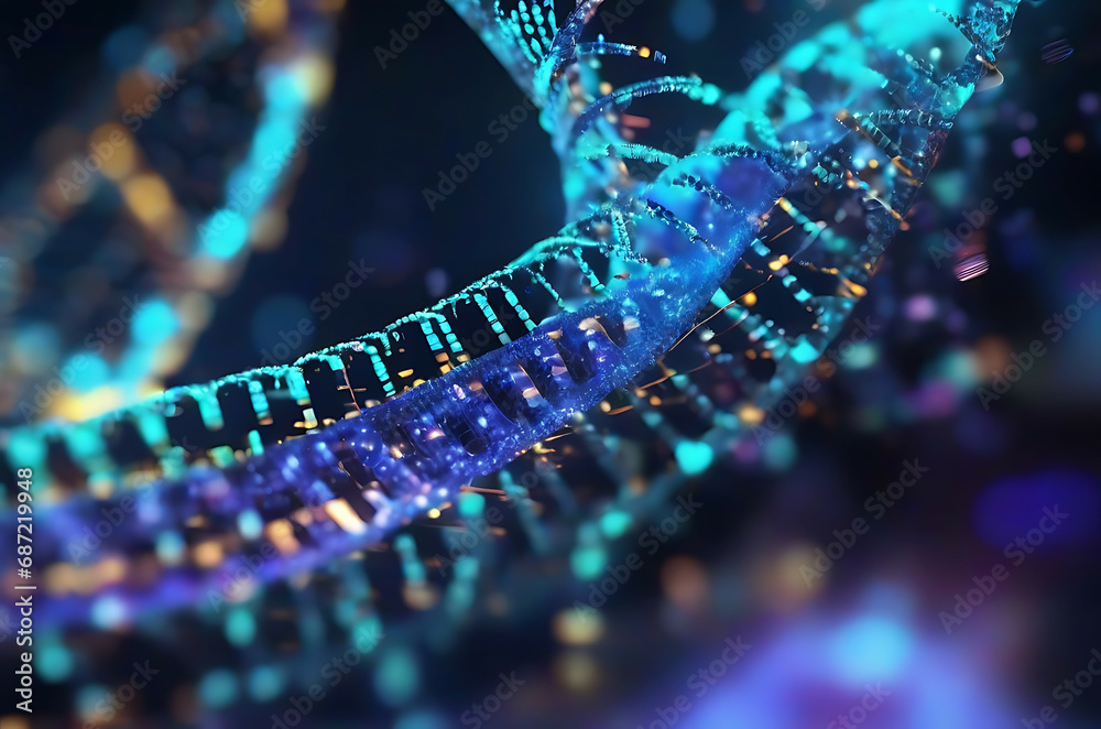 Poster a microscope zoomed in on a dna strand made of binary code