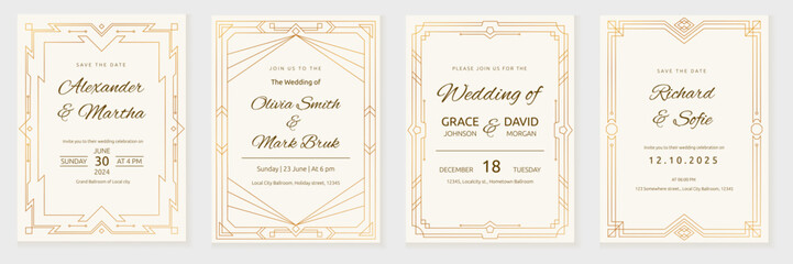 Art deco invite. Gatsby frame, gold border design for card background, luxury party element. Luxury wedding invitation, golden poster template. Vertical banner background. Vector line, garish label