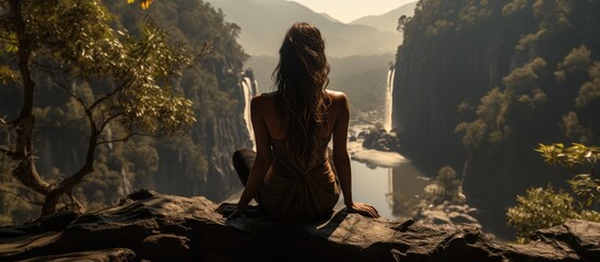 Yoga poses. a Woman sitting on a rock overlooking a waterfall view from a distance - obrazy, fototapety, plakaty