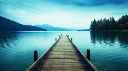 Foto auf Leinwand Wooden pier bridge on a lake. Wallpaper background. © Chrixxi
