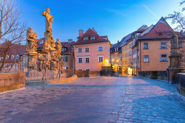 Upper Bridge over Regnitz river in Old town at blue hour in Bamberg, Bavaria, Germany