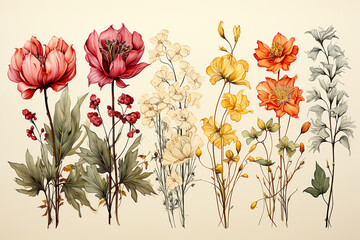Naklejka premium Vintage floral greeting cards. of flowers, orchid, tulip, frame, wild flowers, plants and leaves on vintage paper for background,