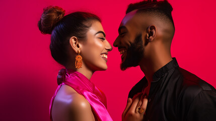 Photo from Canon R5, 50mm, DSLR, ethnic man and woman smiling, looking at each other, hot pink background 