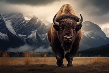 A bison in front of mountains. - obrazy, fototapety, plakaty