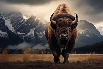 Foto op Plexiglas A bison in front of mountains. © LAJT