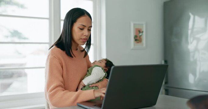 Remote work, laptop and woman with a baby in home office, multitasking and internet search in her home. Freelance, online and social media female mom influencer with sleeping infant typing blog post
