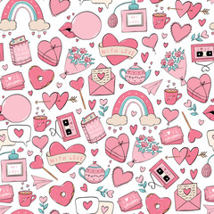 Valentine's day seamless pattern with doodles, cartoon elements for wallpaper, scrapbooking, textile prints, wrapping paper, stationary, packaging. EPS 10