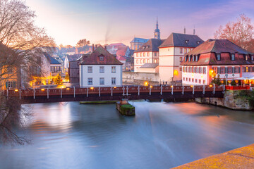 Aerial view of Old town and Regnitz river at sunrise in Bamberg, Bavaria, Germany - obrazy, fototapety, plakaty