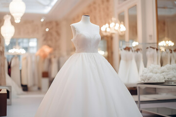 Fototapeta na wymiar Beautiful white wedding dress in bridal shop
