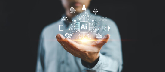 Ai tech expert business. Businessman show virtual graphic Global Internet connect robot. Chat AI,...