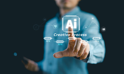 Artificial intelligence ai, expert business technology concept. Businessman AI robot help work, AI Learning business. Modern technology analysis database system, internet and network creative process