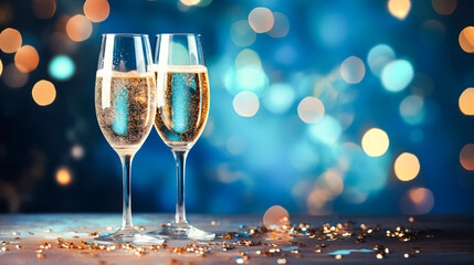 Elegant glasses champagne or sparkling wine Prosecco, blue background, golden bokeh. Holiday concept New Year, party - obrazy, fototapety, plakaty