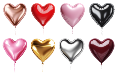 Set of colourful heart shaped foil shiny balloons on transparent background cutout, PNG file. Mockup template for artwork graphic design. invitation, party, invite