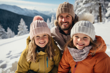 Fototapeta premium Cheerful family father and daughters walk in snowy winter
