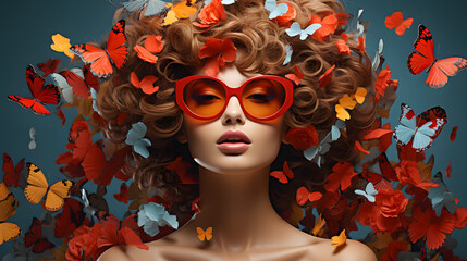 Obraz premium Surreal Portrait of a Woman Adorned with Butterfly-Adorned Hair