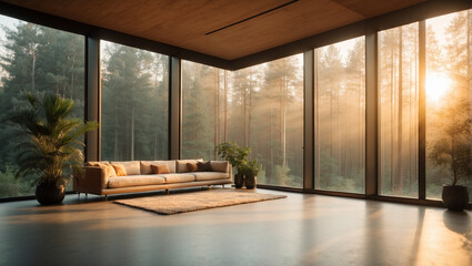 Gran salón de madera con grandes ventanales, con vistas a un gran prado y la montañas. Arquitectura moderna.