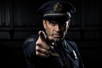 Man wearing police uniform points his finger at you