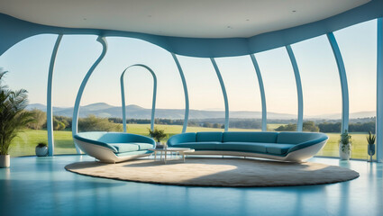 Fototapeta premium Gran salón azul con grandes ventanales con vistas a un gran prado y la montañas. Arquitectura moderna. Espacio de paz.