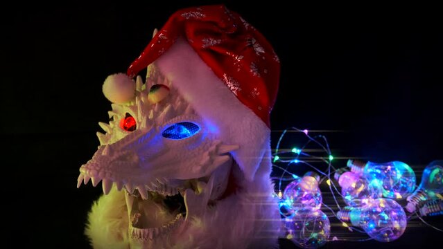 Chinese Dragon head flying on black background, with different color glowing eyes and Santa hat, close up. Lunar new year celebration. 2024 zodiac symbol.