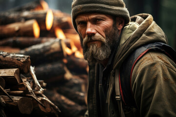Obraz premium Man lumberjack in a forest