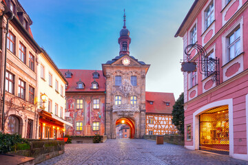Fototapeta na wymiar Old town hall or Altes Rathaus and Upper Bridge in Old town at blue hour, Bamberg, Bavaria, Germany