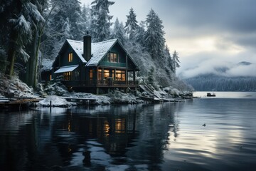Fototapeta premium A serene winter landscape captured in a single frame, showcasing a charming house on the water surrounded by majestic mountains, with the sky and clouds reflecting in the stillness of the lake