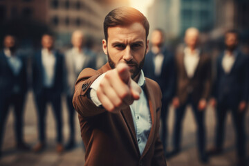 Businessman points his finger at you in front of his team - obrazy, fototapety, plakaty