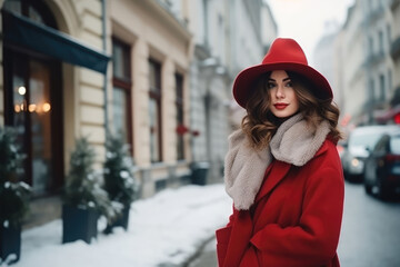 portrait of a woman in the city at winter wearing red coat and hat. 