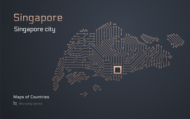 Singapore Map with a capital of Singapore City Shown in a Microchip Pattern with processor. E-government. World Countries vector maps. Microchip Series