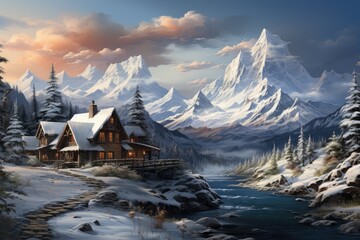 A cozy house nestled in a snowy landscape, under a cloudy sky and surrounded by frozen trees, as the winter mountain sunrise paints the world in a chilly, serene beauty
