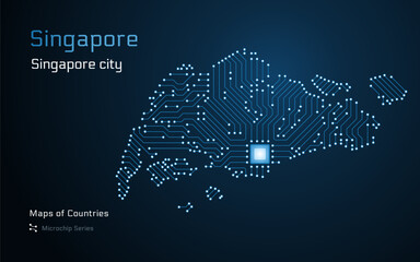 Singapore Map with a capital of Singapore City Shown in a Microchip Pattern with processor. E-government. World Countries vector maps. Microchip Series - obrazy, fototapety, plakaty
