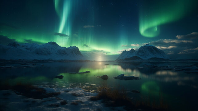 Northern Lights. Ethereal beauty of the Aurora Borealis. Night mountains, fjords and lakes